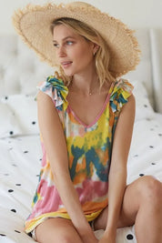 BiBi Circular Tie Dye Knit V Neck Top With Ruffle | Tops Daverri Fashions