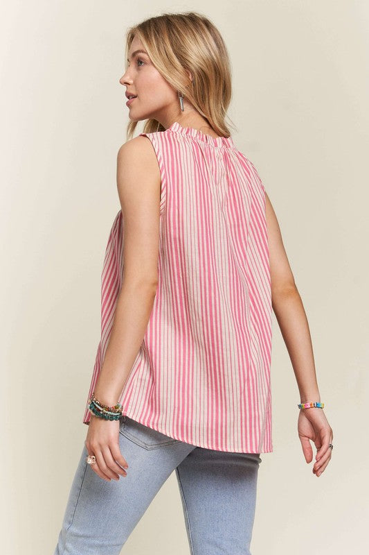 ADORA Contrast Striped Frill Round Neck Sleeveless Top Tops