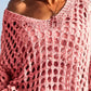 Soft pink off-shoulder crochet long sleeve knit cover up with openwork pattern
