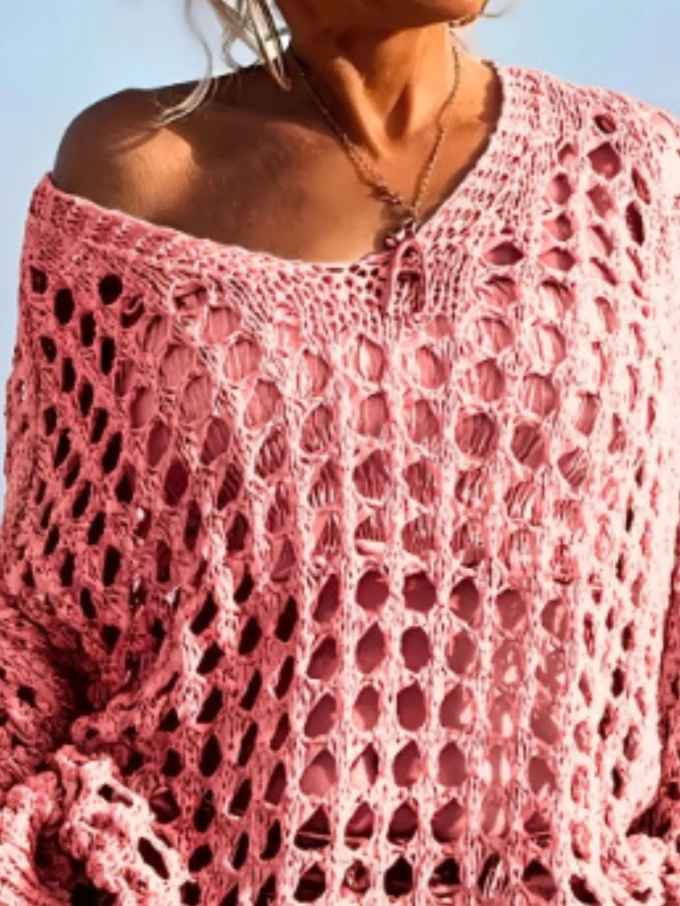 Soft pink off-shoulder crochet long sleeve knit cover up with openwork pattern