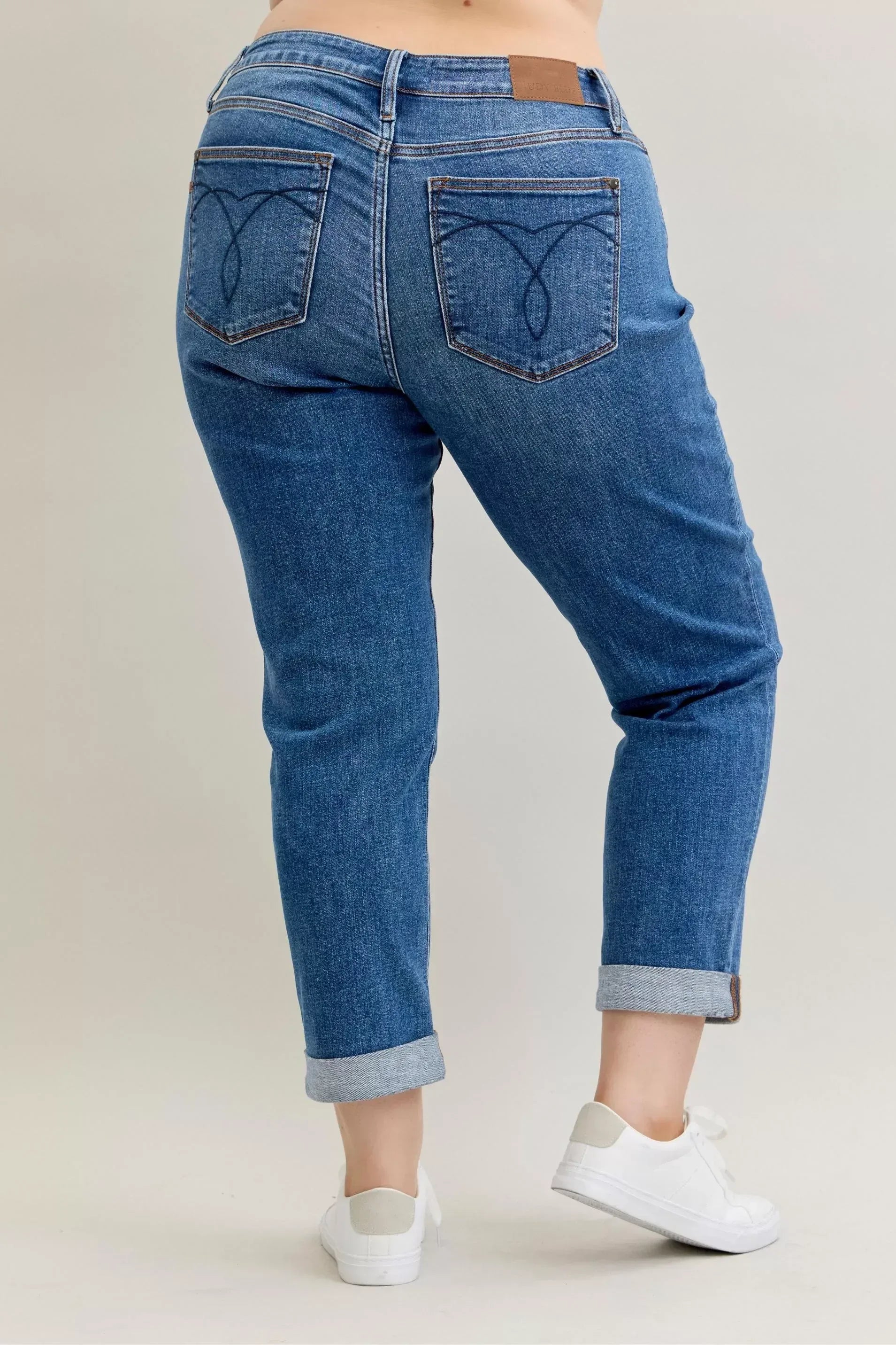 Judy Blue Full Size Mid Rise BF Classic Cuffed Jeans Plus Size - DAVERRI FASHIONS