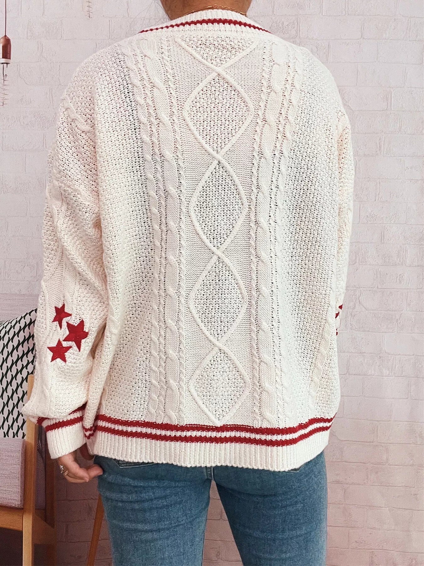 Star Pattern Button-Up Cardigan with Contrast Trim | Cardigans Daverri Fashions