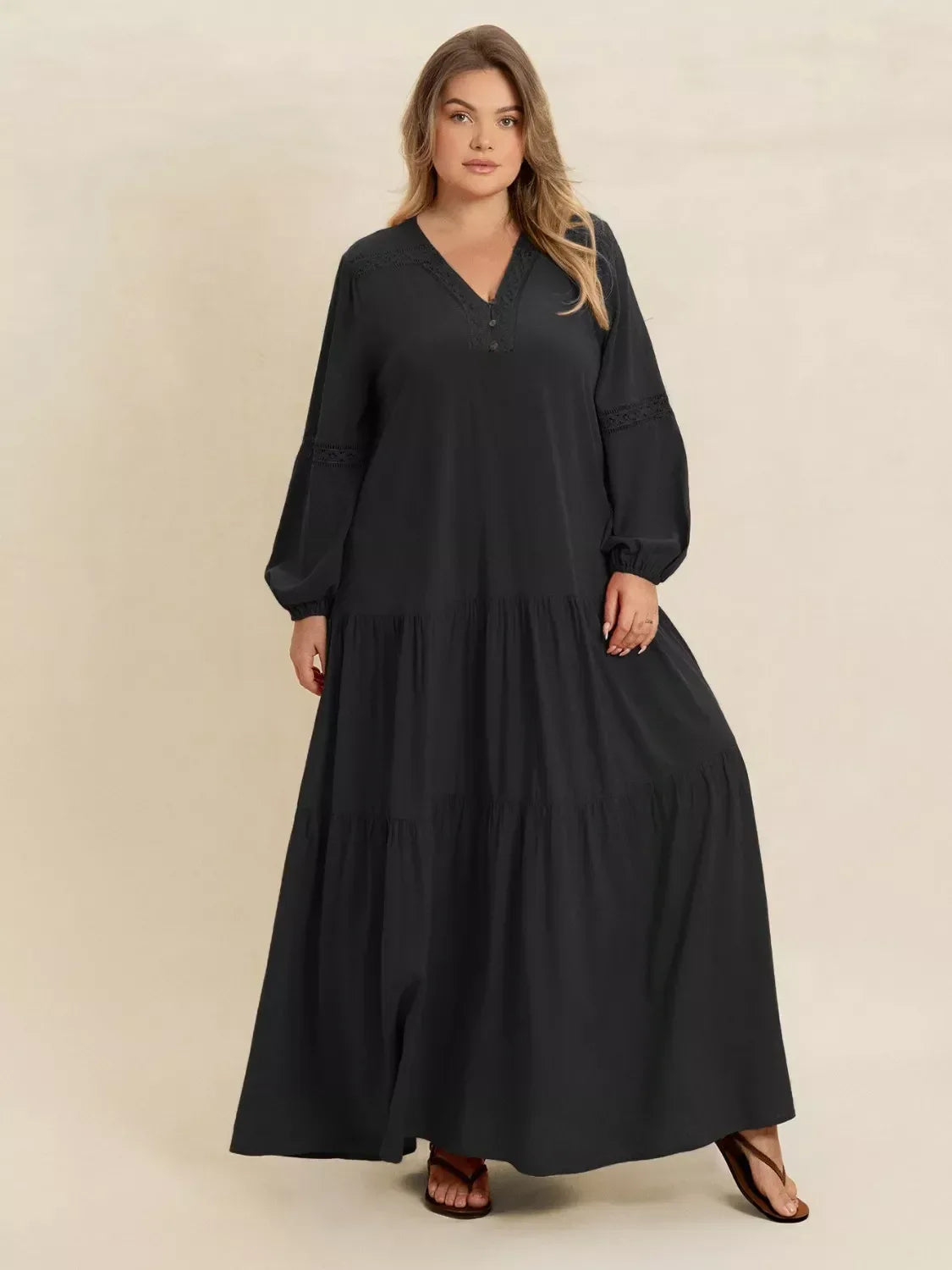Plus Size Bohemian Tiered Maxi Dress with Balloon Sleeves - DAVERRI FASHIONS
