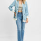 RISEN light blue denim one button blazer with hood, white trim cuffs