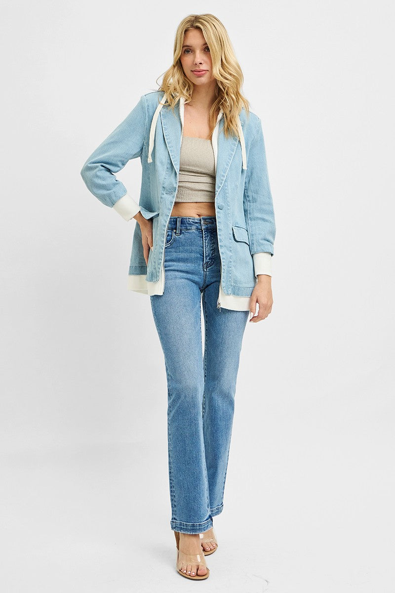 RISEN light blue denim one button blazer with hood, white trim cuffs