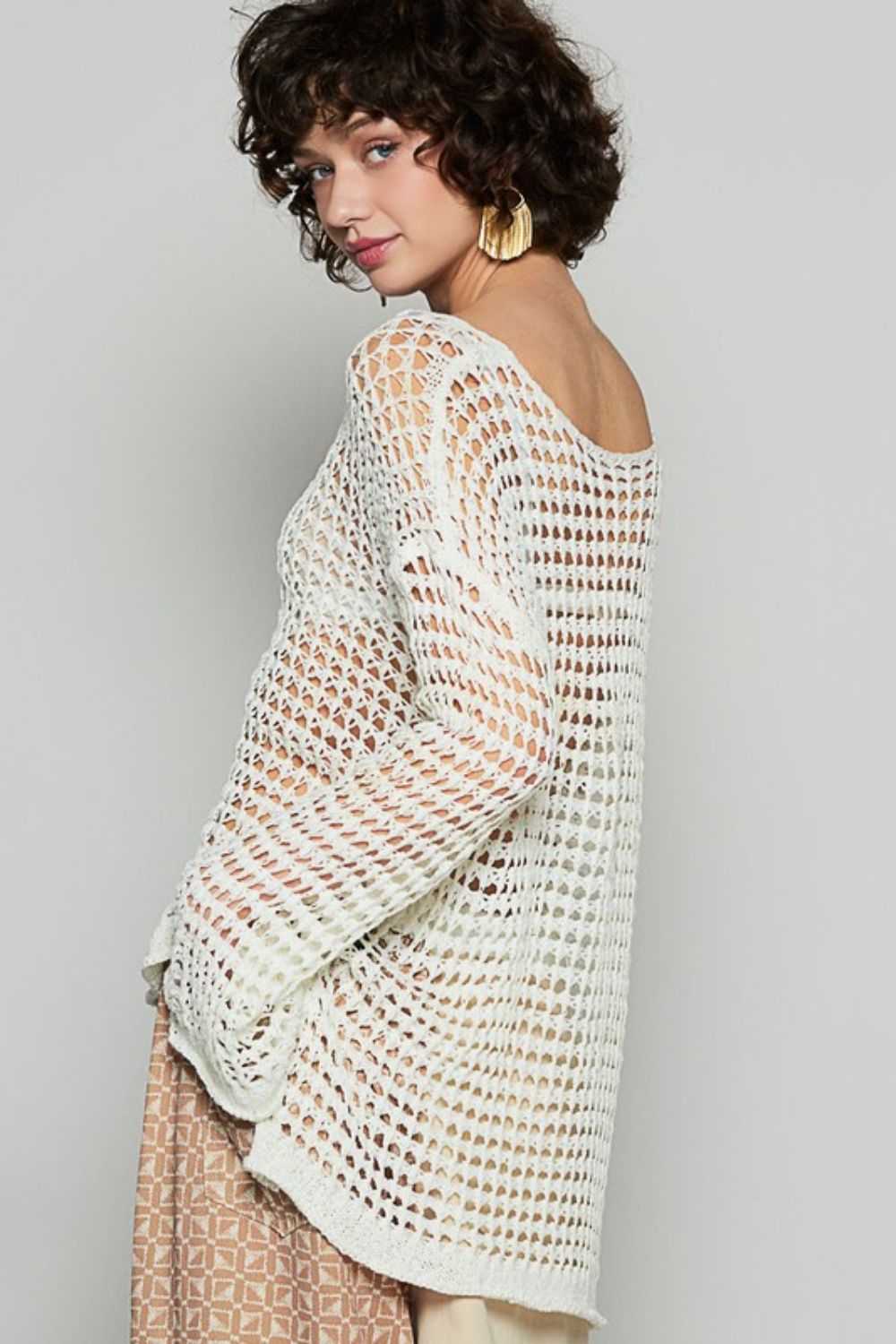 POL Side Slit Openwork Long Sleeve Knit Cover Up Tops