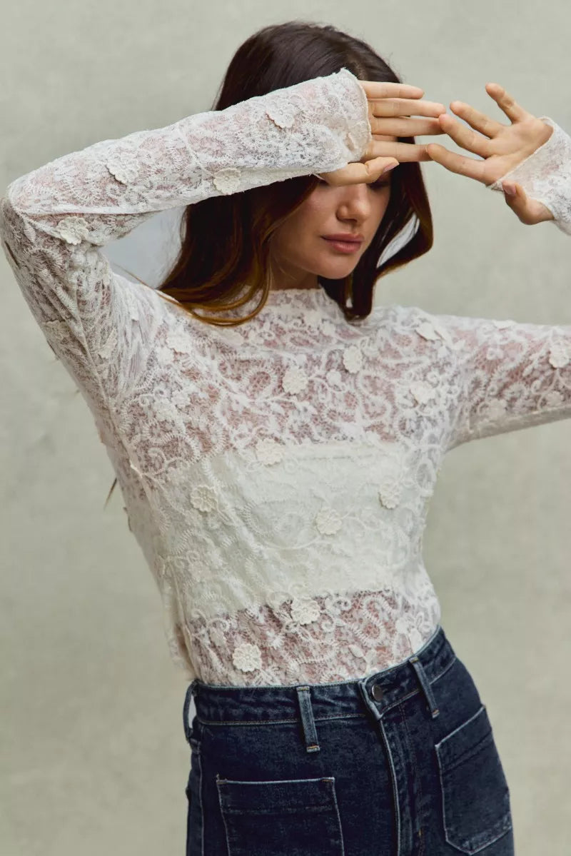 SO ME lace long-sleeve top with 3D floral embroidery
