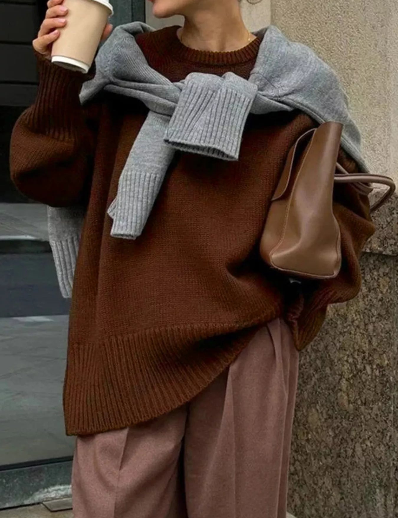 Brown Ribbed Hem Round Neck Sweater | Sweaters Daverri Fashions