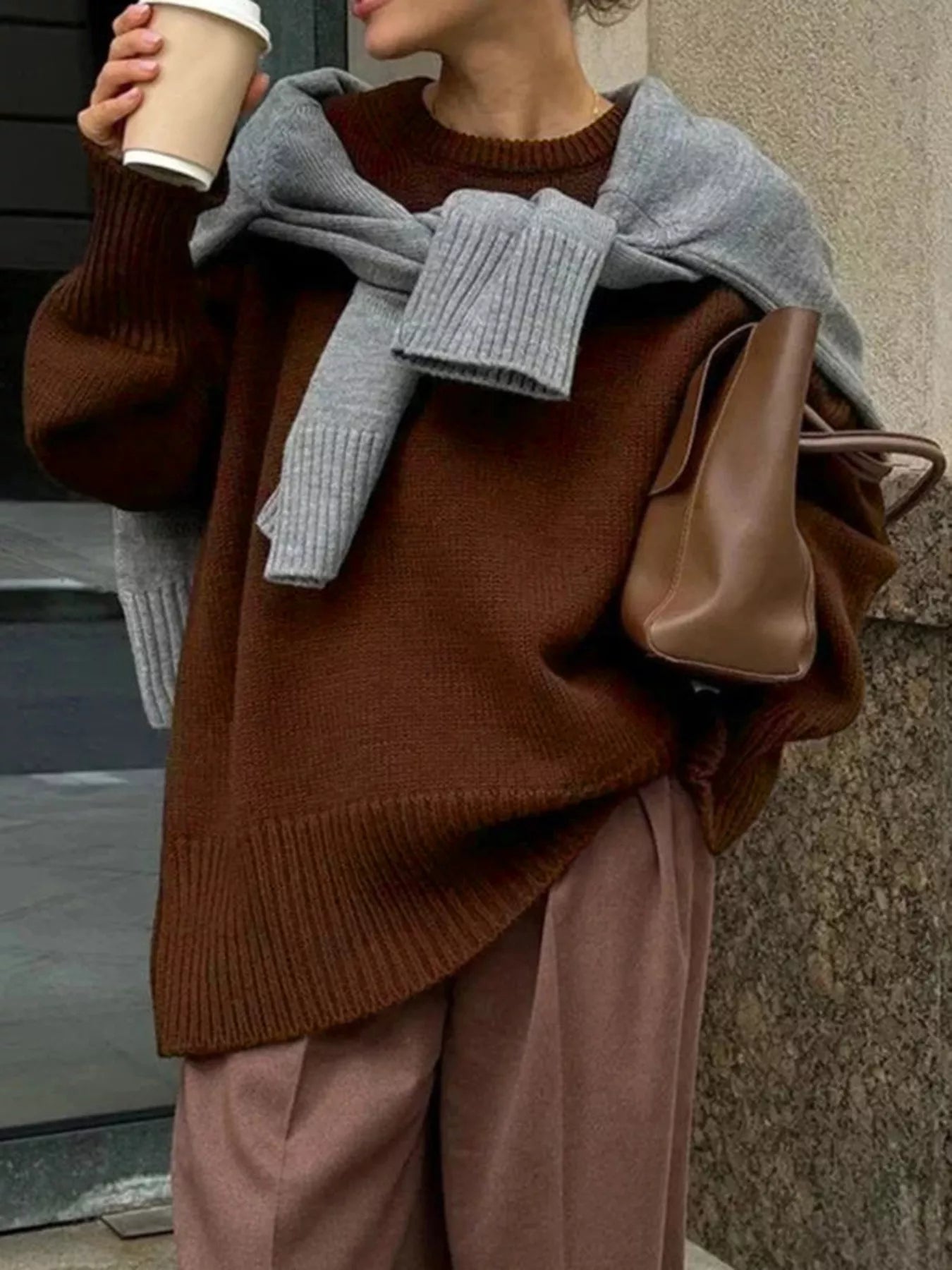 Brown Ribbed Hem Round Neck Sweater | Sweaters Daverri Fashions