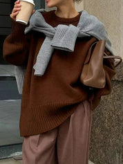 Brown Ribbed Hem Round Neck Sweater | Sweaters Daverri Fashions