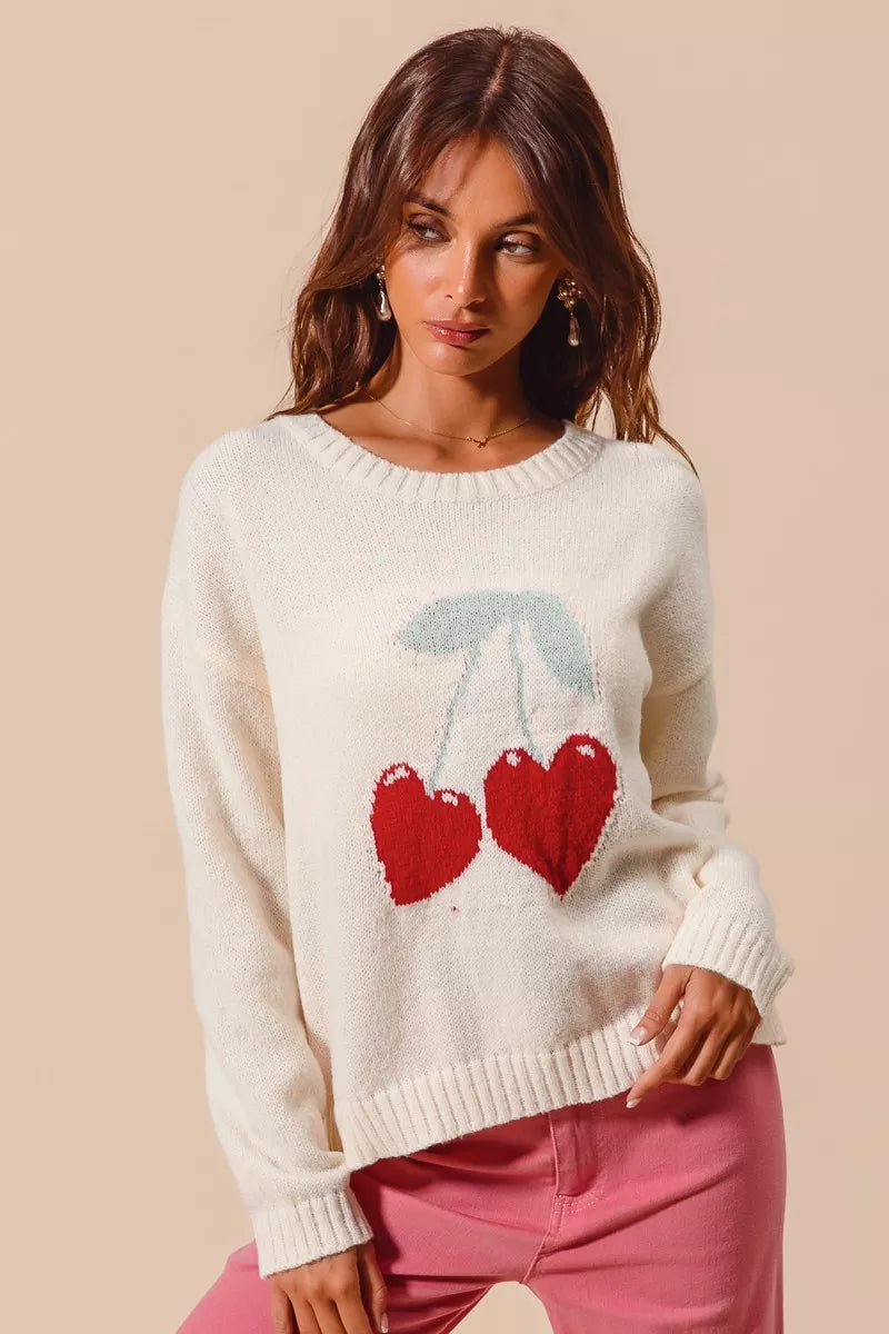 Cream-colored SO ME Heart Cherry knit sweater with red heart cherry graphic