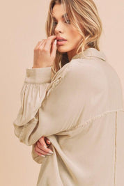 Aemi + Co Raw Edge Exposed Seam Collared Neck Long Sleeve Shirt | Daverri Fashions