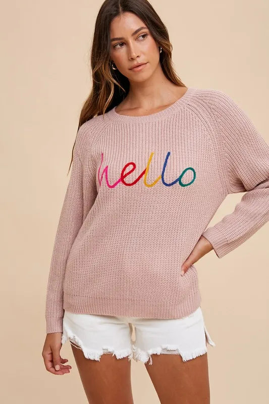 Annie Wear HELLO Embroidered Raglan Sleeve Sweater Sweaters