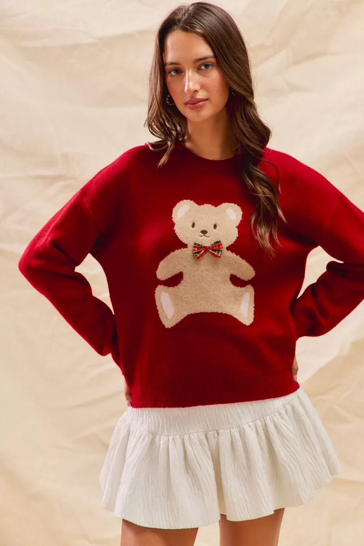 SO ME Teddy Bear With Check Ribbon Christmas Sweater | Daverri Fashions