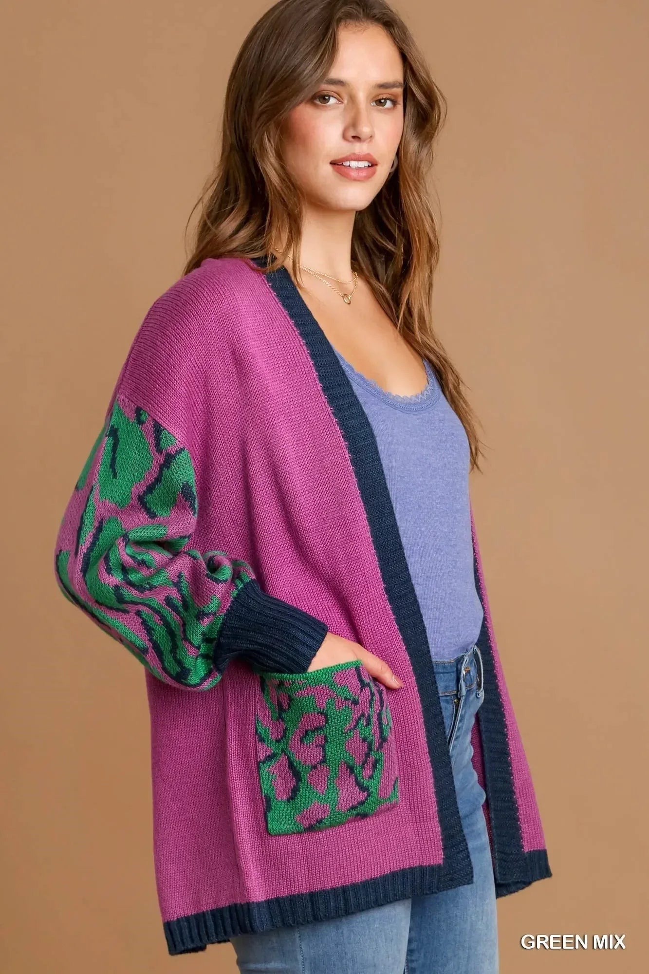 Umgee Animal Print Open Front Sweater Cardigan - DAVERRI FASHIONS