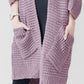 Chunky knit open-front lavender cardigan with waffle texture and large pockets