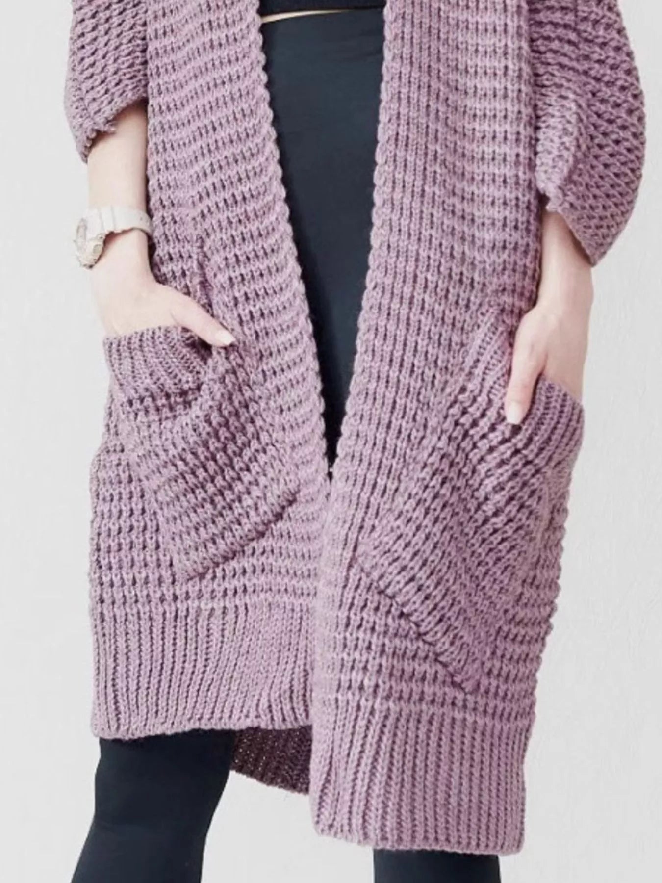 Chunky knit open-front lavender cardigan with waffle texture and large pockets