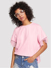 Pink ruffled round neck short-sleeve top