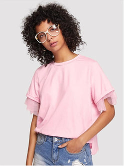 Pink ruffled round neck short-sleeve top