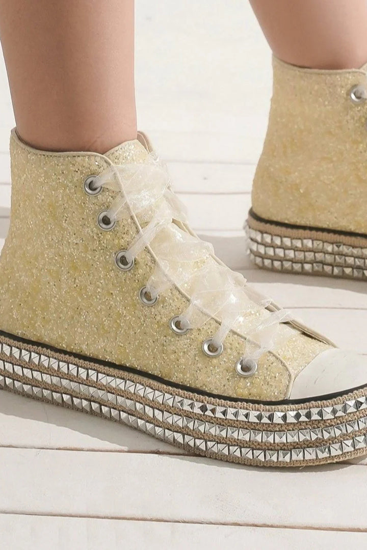 Beast Fashion Glitter Lace-Up Studded Platform Sneakers Footwear