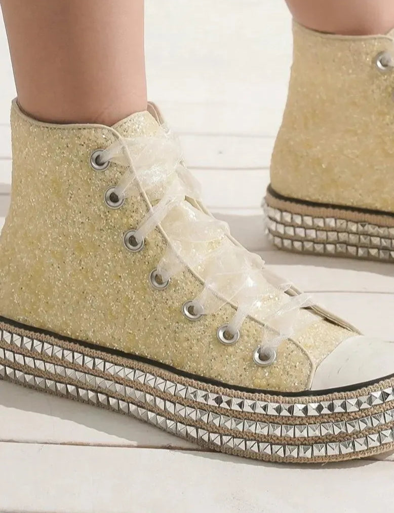 Beast Fashion Glitter Lace-Up Studded Platform Sneakers | Sneakers Daverri Fashions