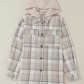 Daverri Plaid Removable Hood Button Up Shacket in beige white plaid with pink-lined hood