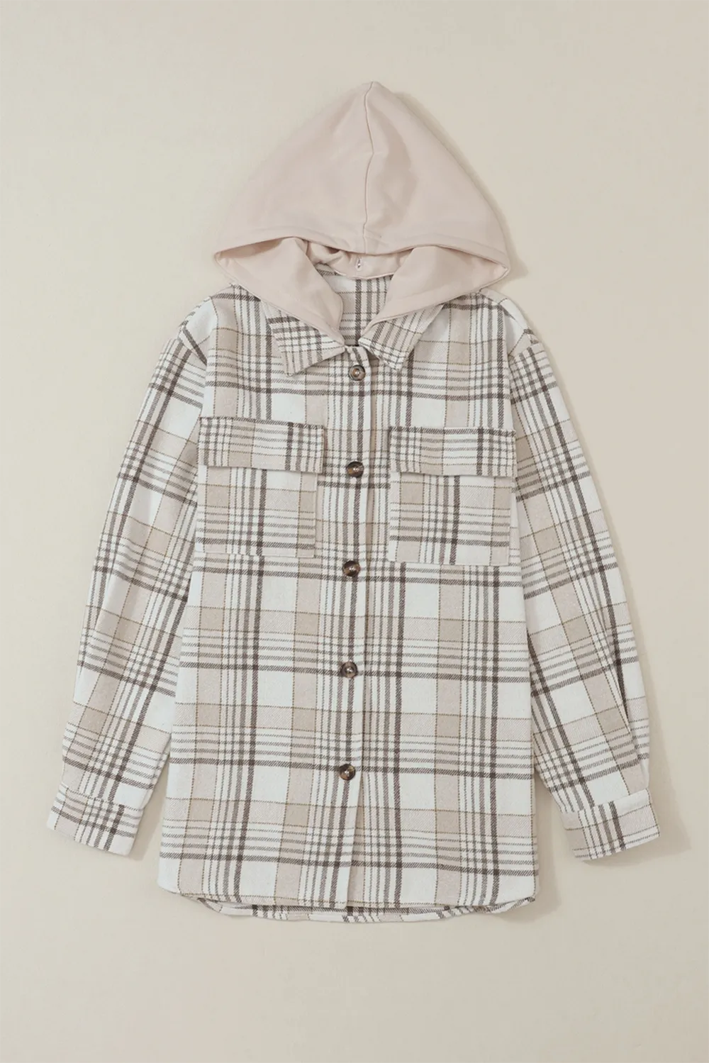 Daverri Plaid Removable Hood Button Up Shacket in beige white plaid with pink-lined hood