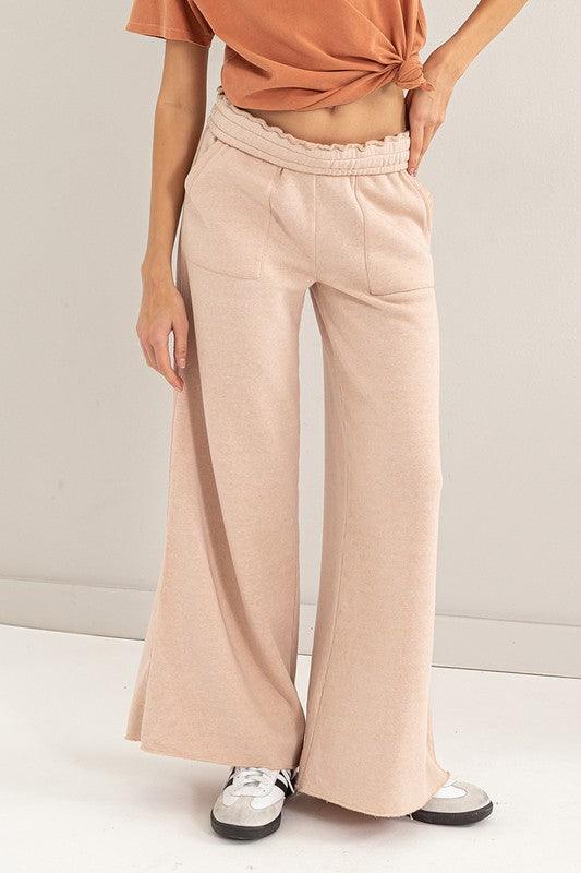 High Rise Wide Leg Drawstring Pants TAN Lounge Pants