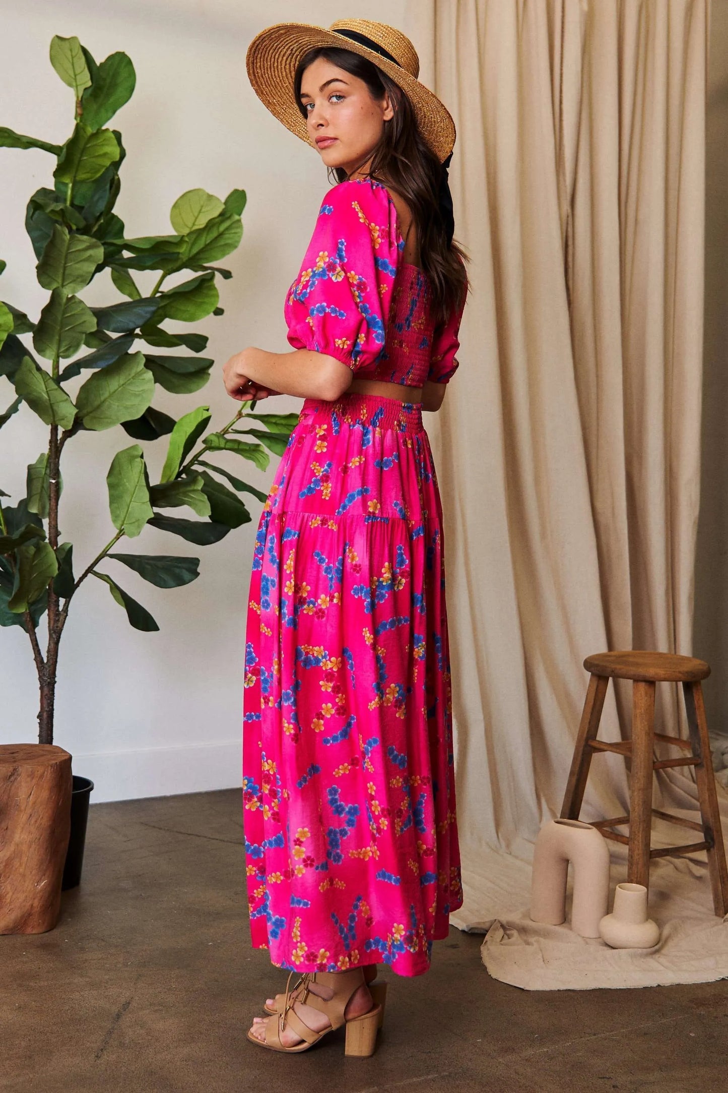 Vibrant pink Davi & Dani floral maxi dress with smocking waistband