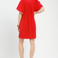 Umgee Linen Trim Tunic Dress: vibrant red short-sleeved gathered neckline with white trim