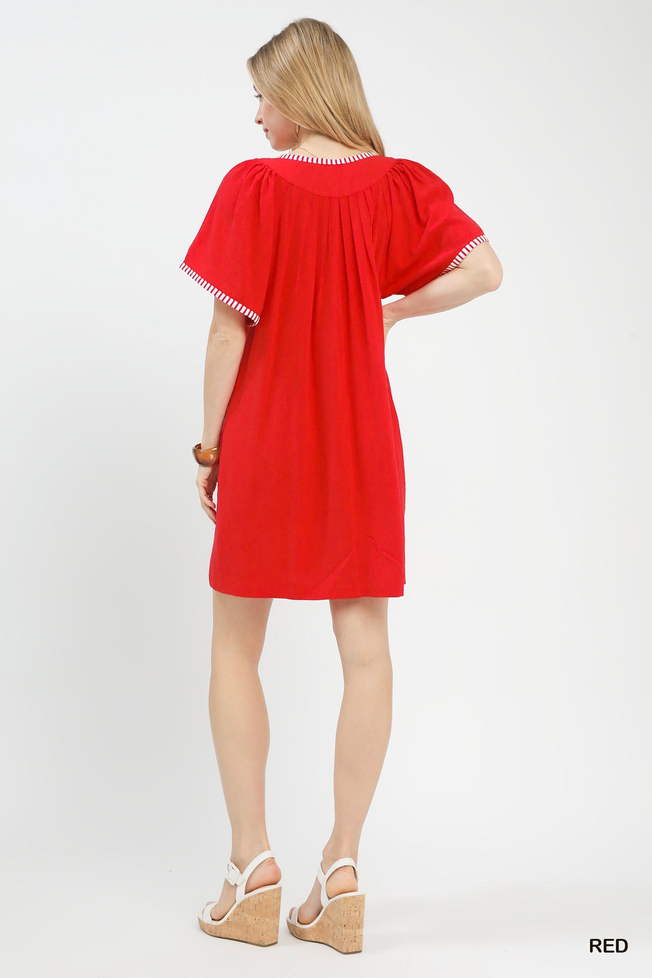 Umgee Linen Trim Tunic Dress: vibrant red short-sleeved gathered neckline with white trim