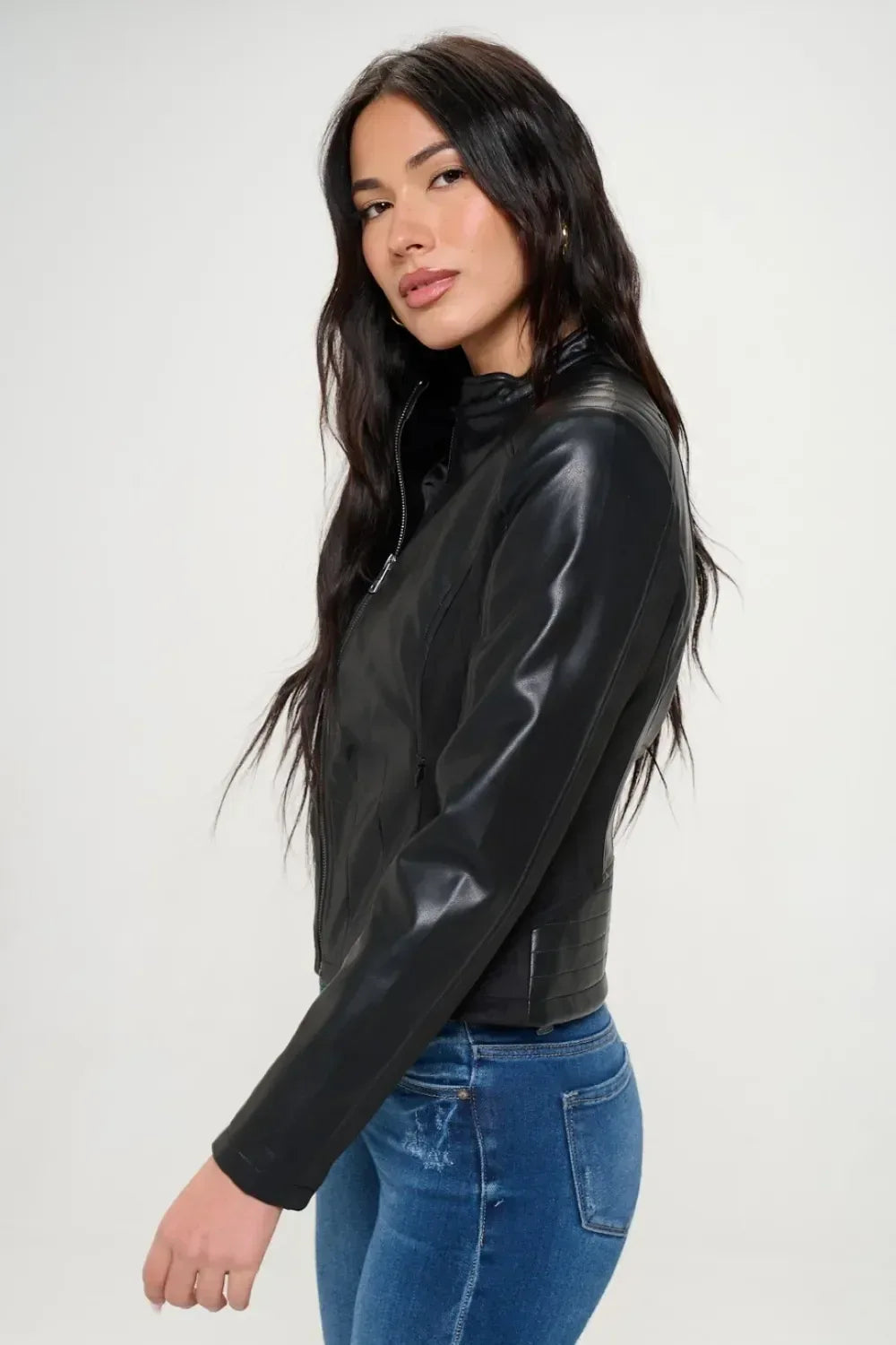 Coalition LA Zip Up Vegan Leather Moto Jacket - DAVERRI FASHIONS