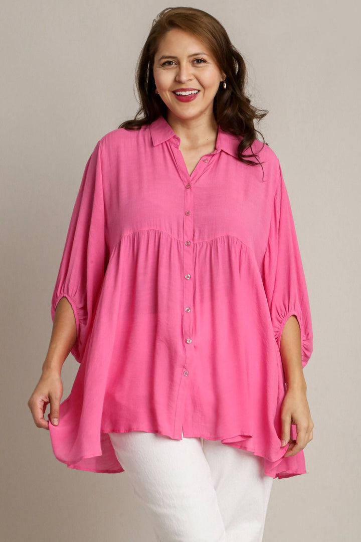 Umgee Full Size High Low Hem Back Tiered Button Down Shirt Plus Size