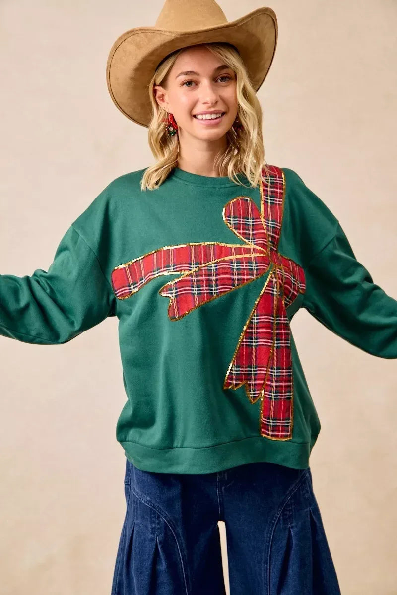 BiBi Plaid Ribbon Bow Detail Christmas Fleece Pullover - DAVERRI FASHIONS