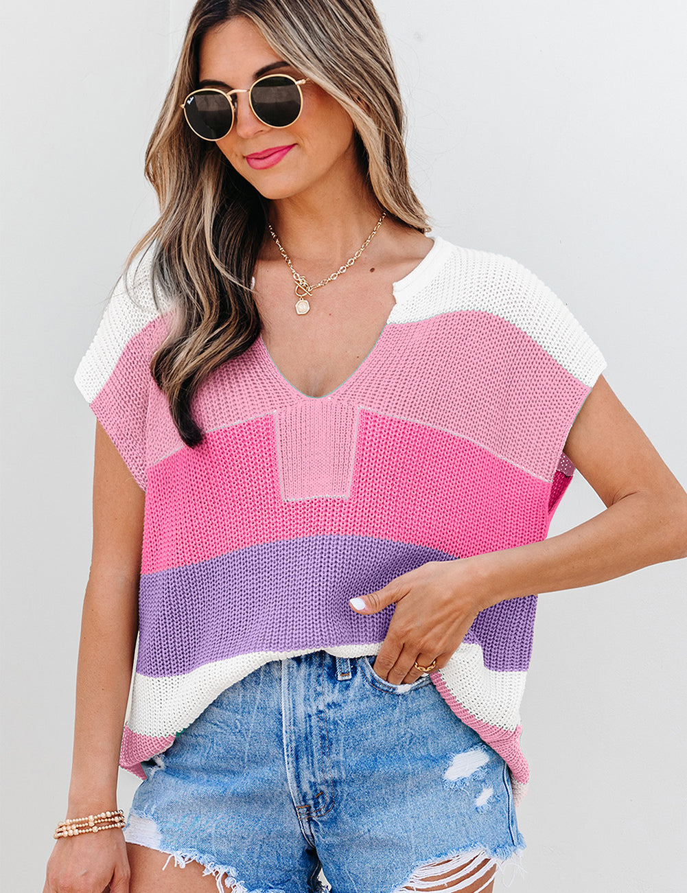 Pink 55%Acrylic+45%Cotton Color Block Notch V Neck Knit Sweater | Sweaters Daverri Fashions
