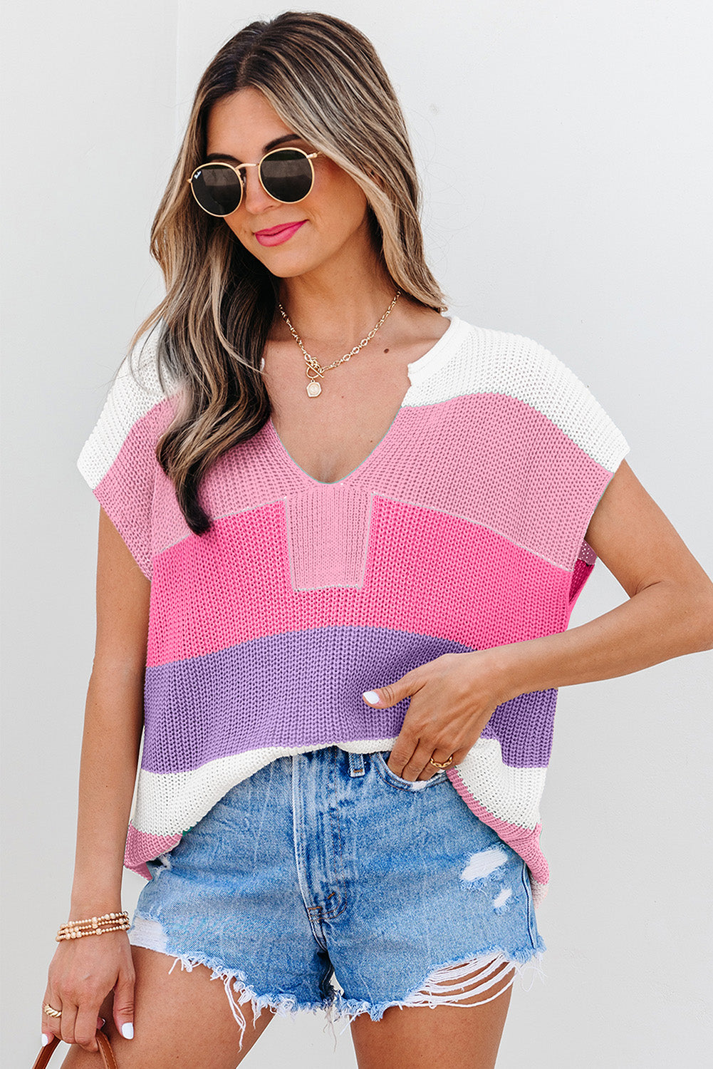 Pink 55%Acrylic+45%Cotton Color Block Notch V Neck Knit Sweater | Sweaters Daverri Fashions