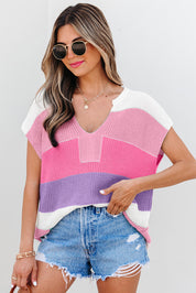 Pink 55%Acrylic+45%Cotton Color Block Notch V Neck Knit Sweater | Sweaters Daverri Fashions