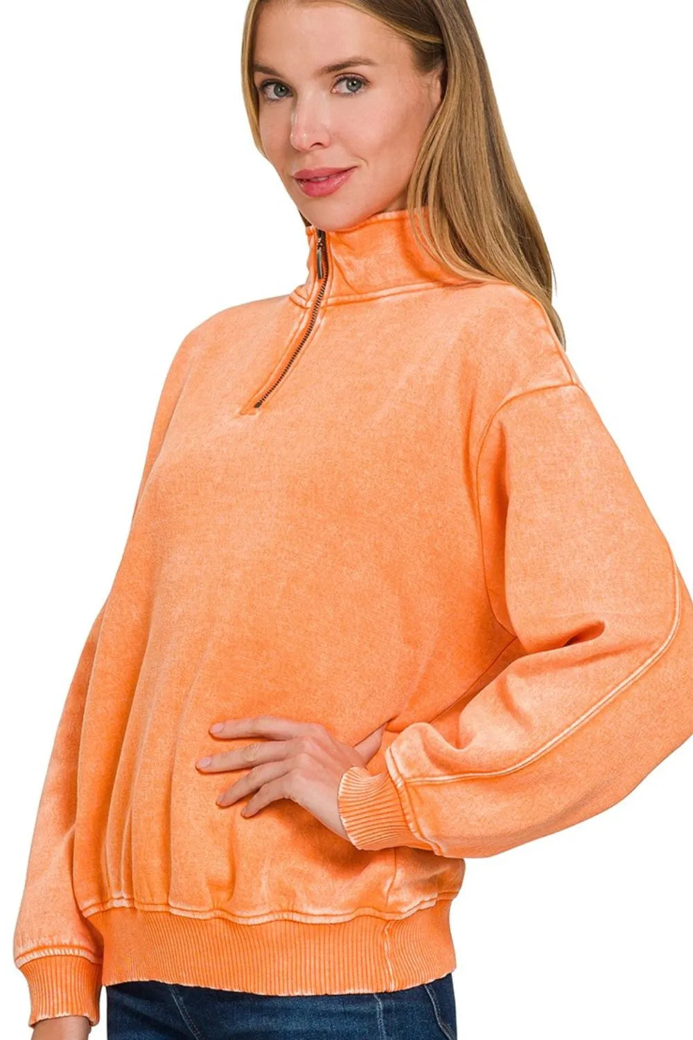 Zenana Acid Wash Fleece Quarter Zip Pullover Sweatshirt Sweatshirts