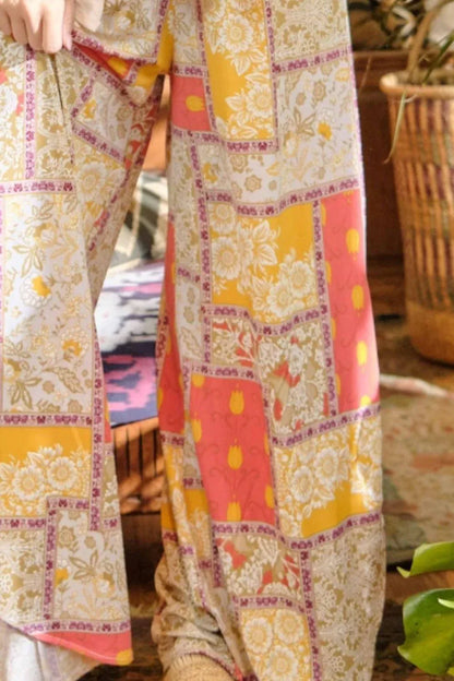 And The Why Printed Smocking Waist Side Slit Wide Leg Pants - DAVERRI FASHIONS