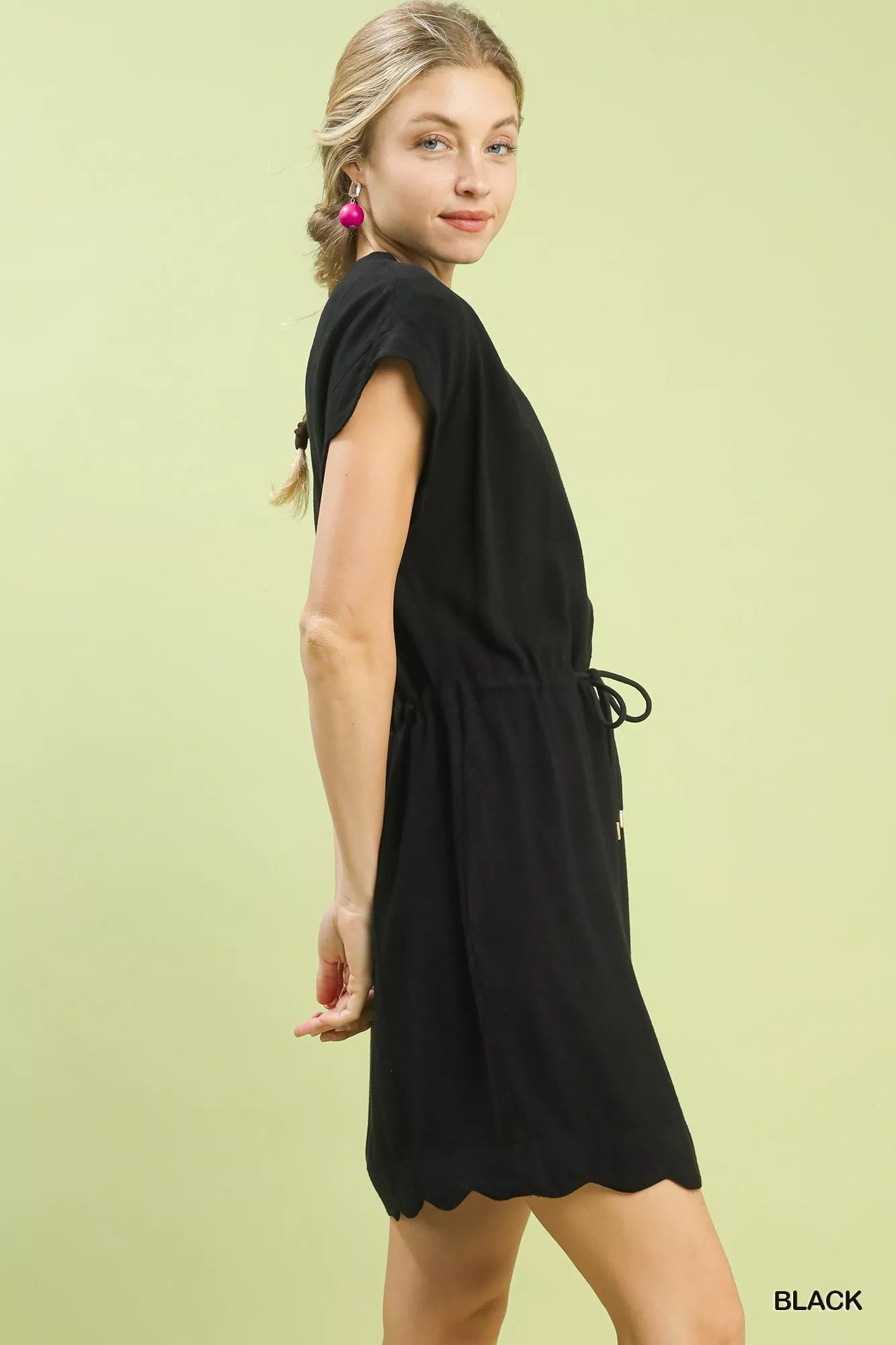 Umgee linen blend scallop hem mini dress, black sleeveless with drawstring waist