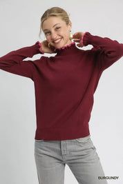 BURGUNDY Umgee Ribbed Round Neck Sweater with Ruffle Contrast Trim | Sweaters Daverri Fashions