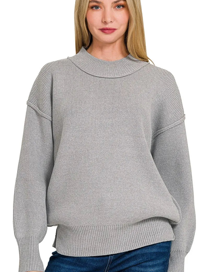 Grey ribbed Zenana sweater with high collar and balloon sleeves