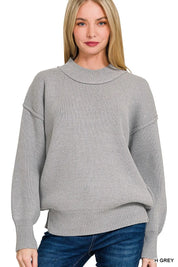 Grey ribbed Zenana sweater with high collar and balloon sleeves