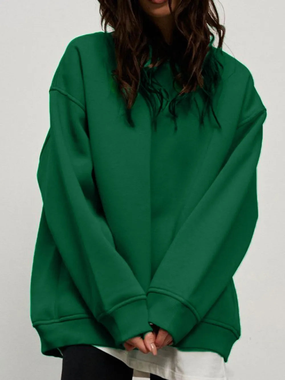 Dark Green Round Neck Dropped Shoulder Long Sleeve Sweatshirt | Sweatshirts Daverri Fashions