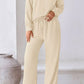 Cream-colored ribbed knit womens loungewear set with drawstring waist