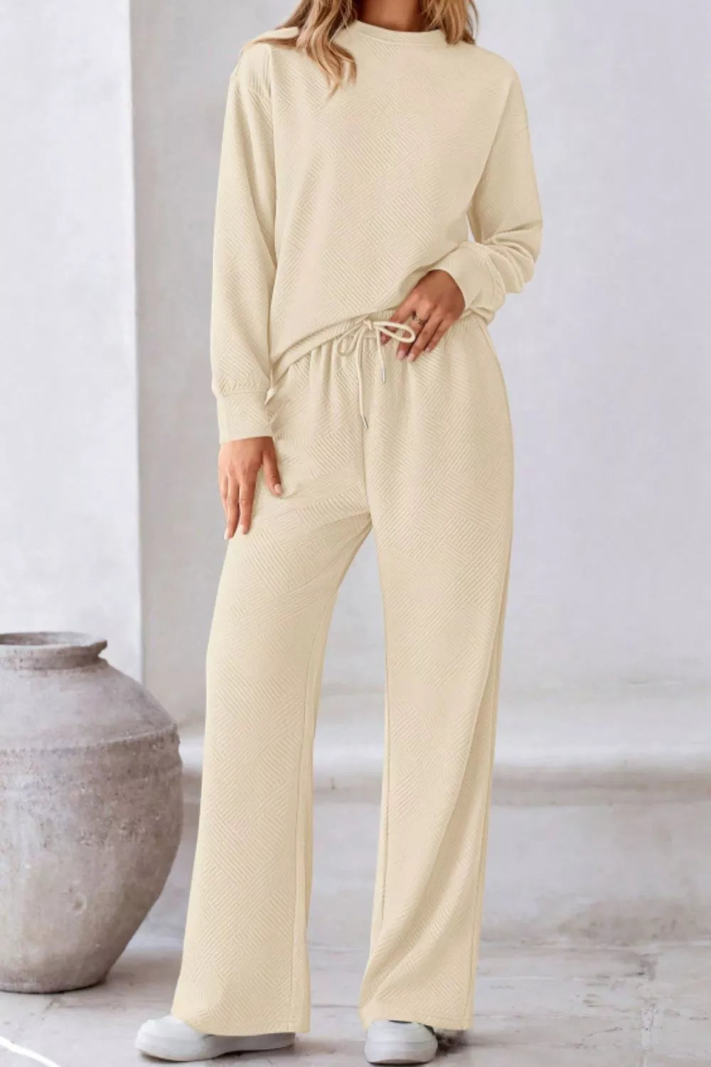 Cream-colored ribbed knit womens loungewear set with drawstring waist