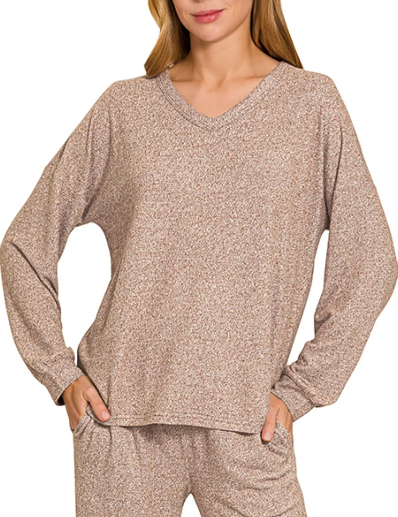 BROWN Zenana Soft Melange Long Sleeve Tee & Pants Set | Daverri Fashions