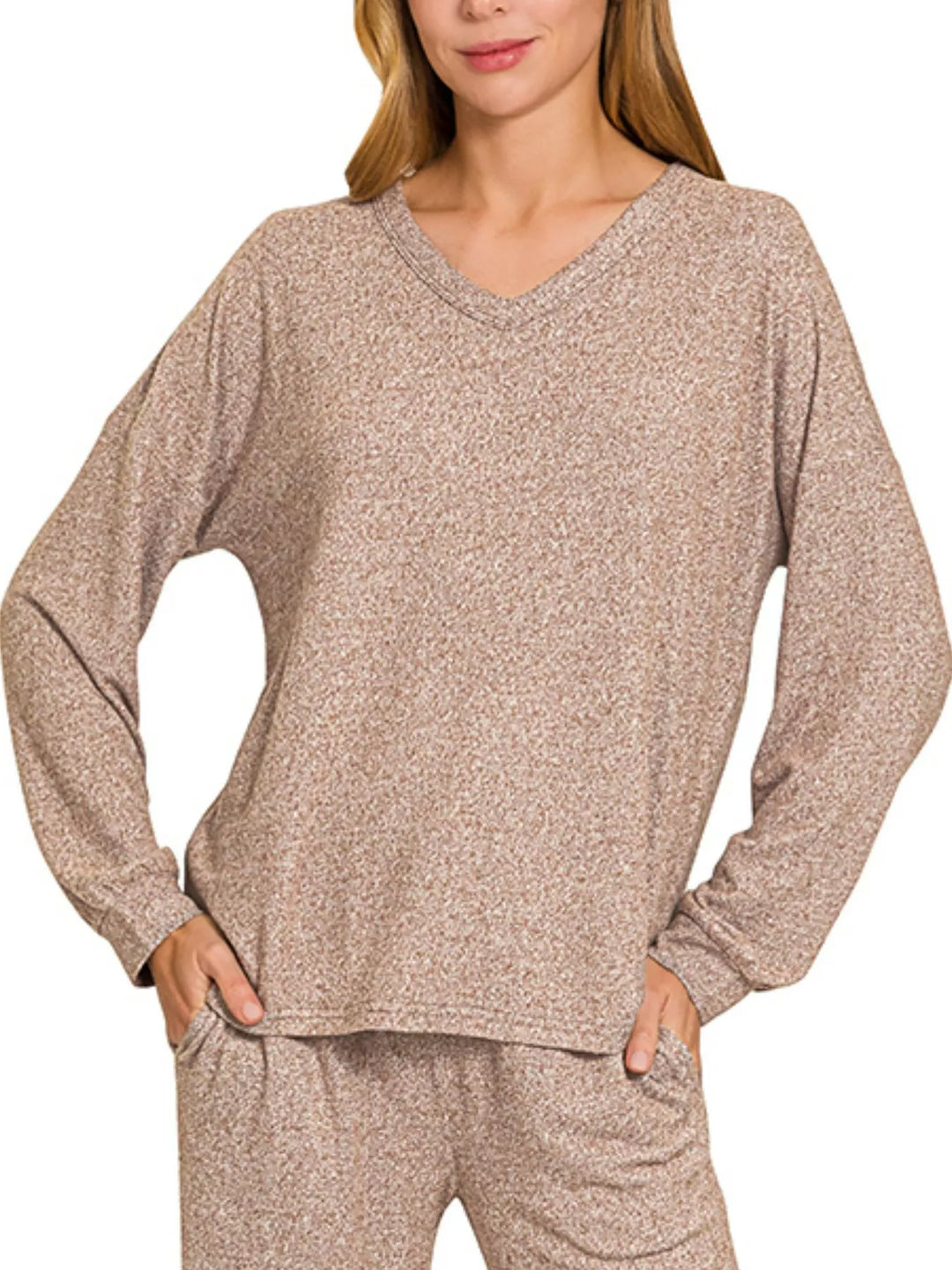 BROWN Zenana Soft Melange Long Sleeve Tee & Pants Set | Daverri Fashions