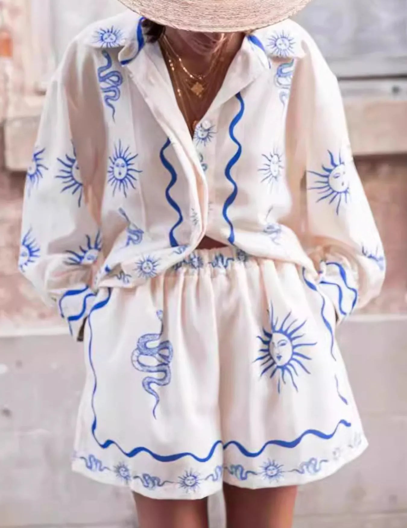 Cream and blue sun print Daverri pajama set with ruffles