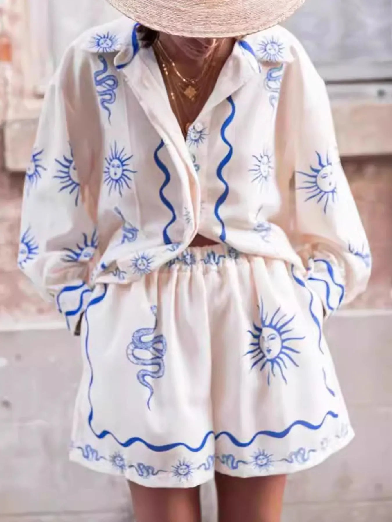 Cream and blue sun print Daverri pajama set with ruffles